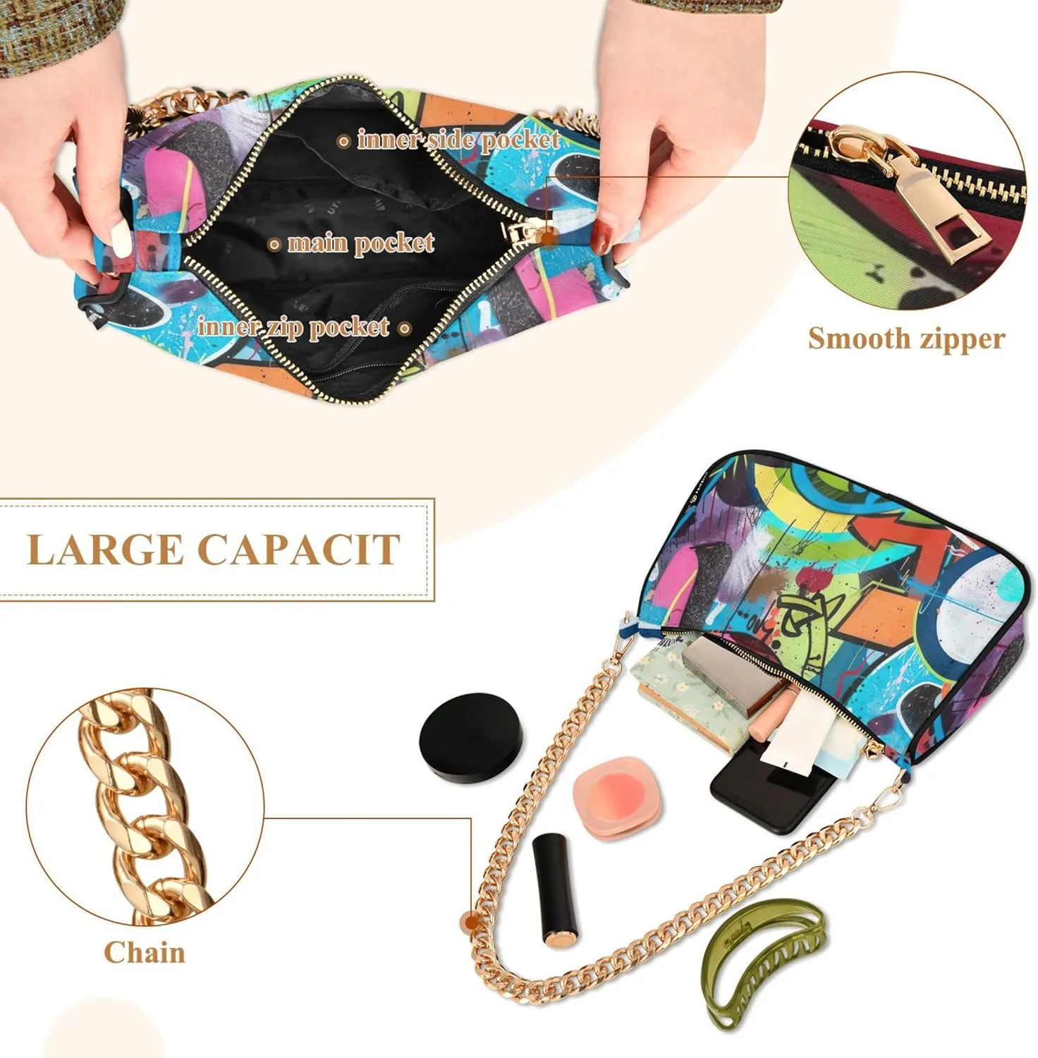 Graffiti Painting Abstract Chain Purse Hobo Clutch Bag Women's Designer Inspire Handbags Shoulder Strap