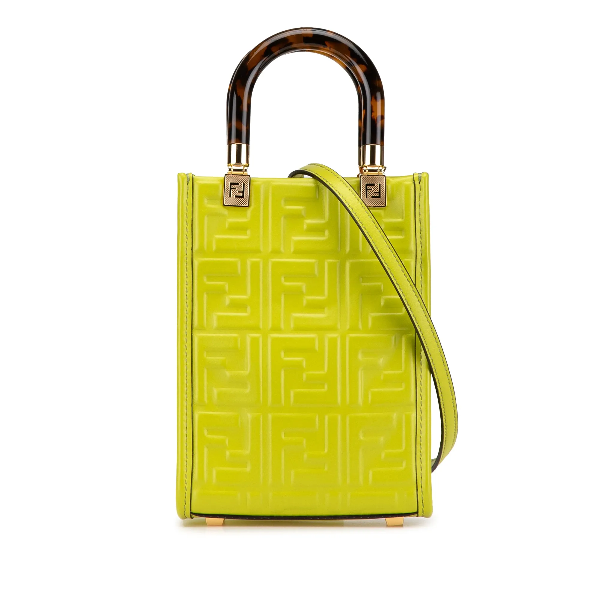 Green Fendi Mini Zucca Embossed Leather Sunshine Shopper Tote Satchel