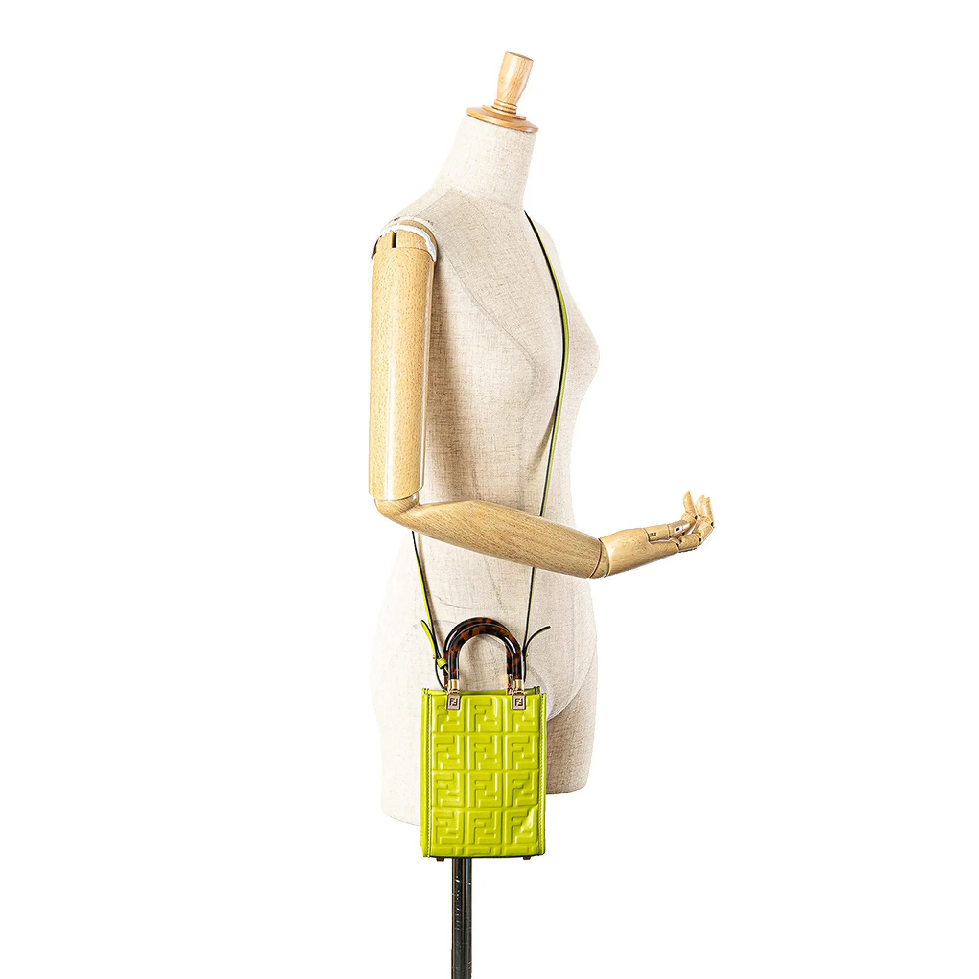 Green Fendi Mini Zucca Embossed Leather Sunshine Shopper Tote Satchel