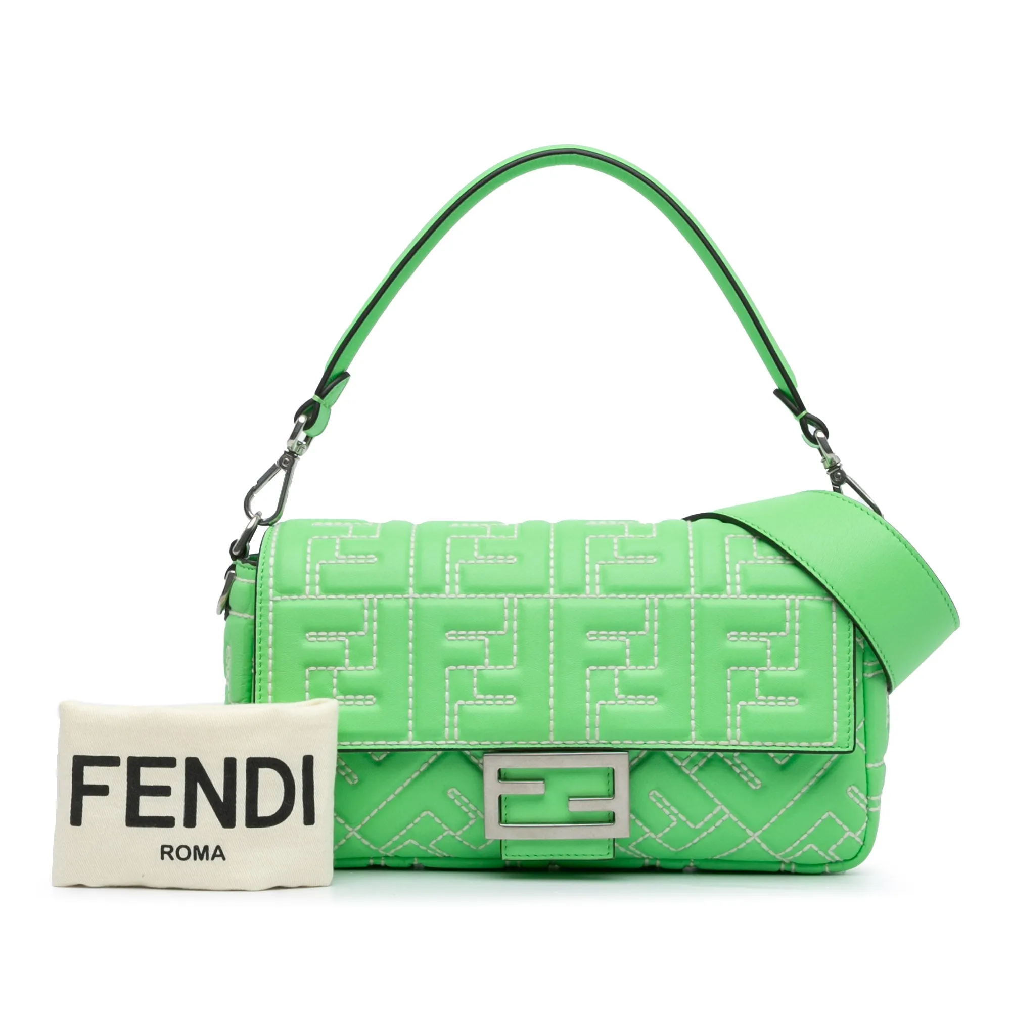 Green Fendi Zucca Embossed Stitched Leather Baguette Satchel