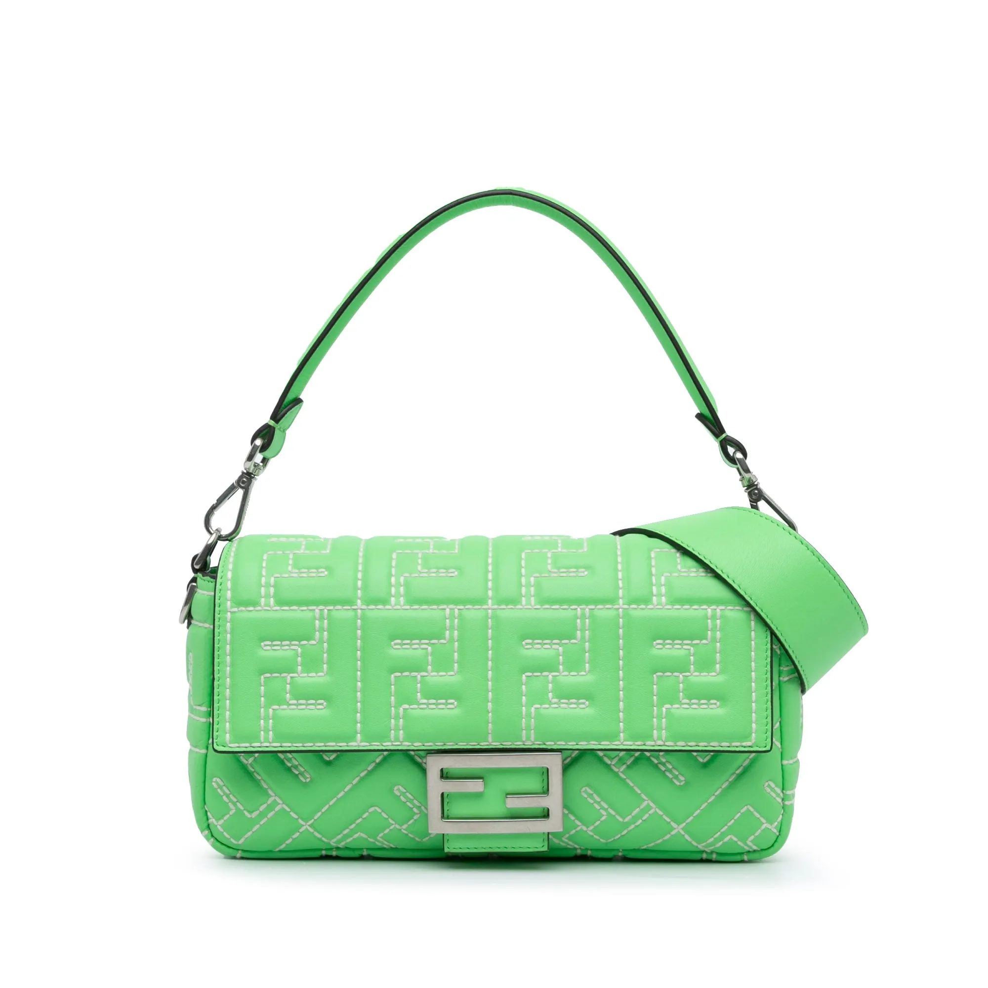 Green Fendi Zucca Embossed Stitched Leather Baguette Satchel