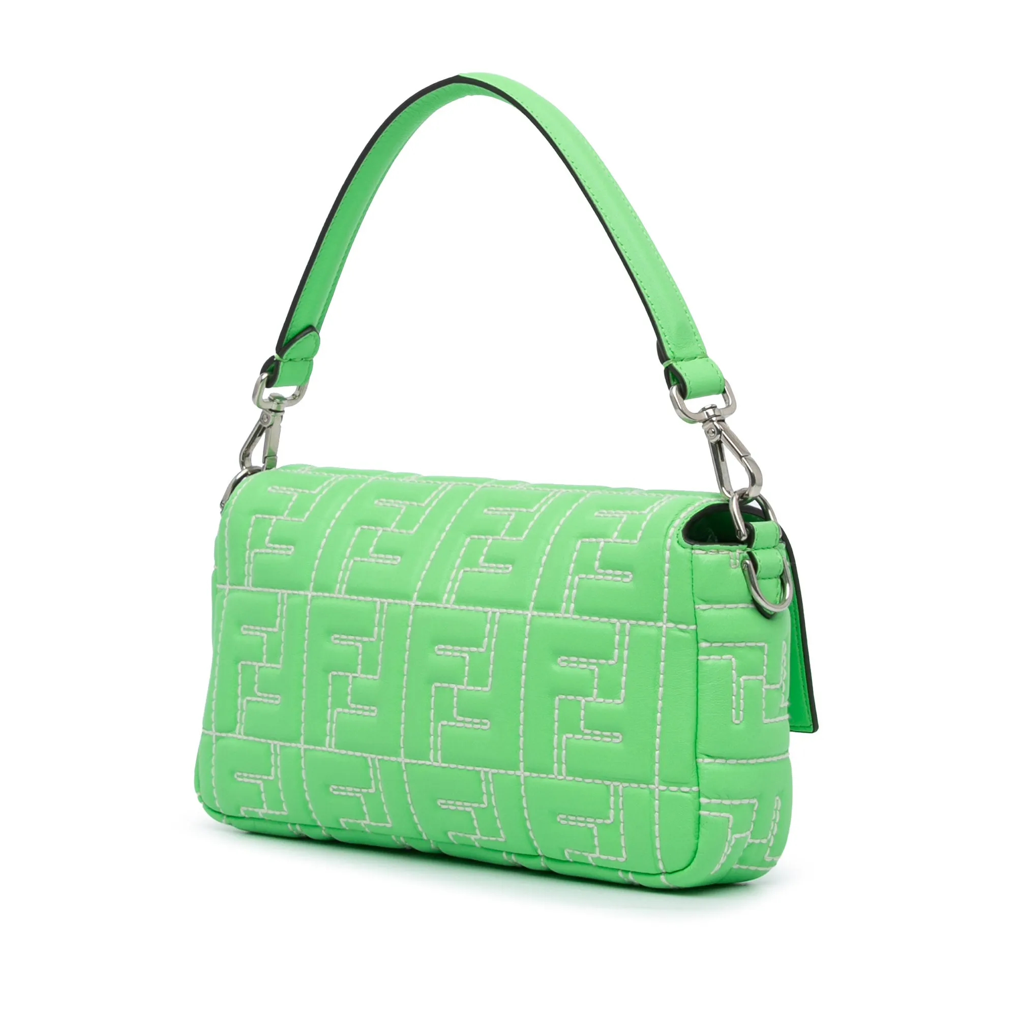 Green Fendi Zucca Embossed Stitched Leather Baguette Satchel