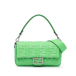 Green Fendi Zucca Embossed Stitched Leather Baguette Satchel