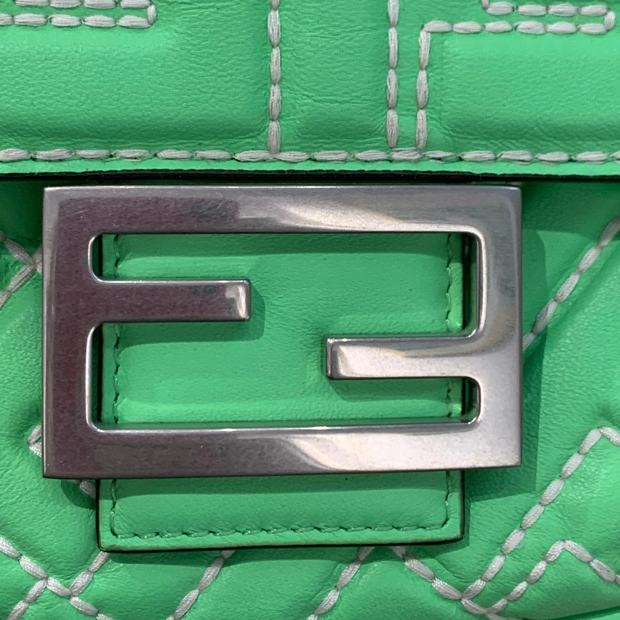 Green Fendi Zucca Embossed Stitched Leather Baguette Satchel