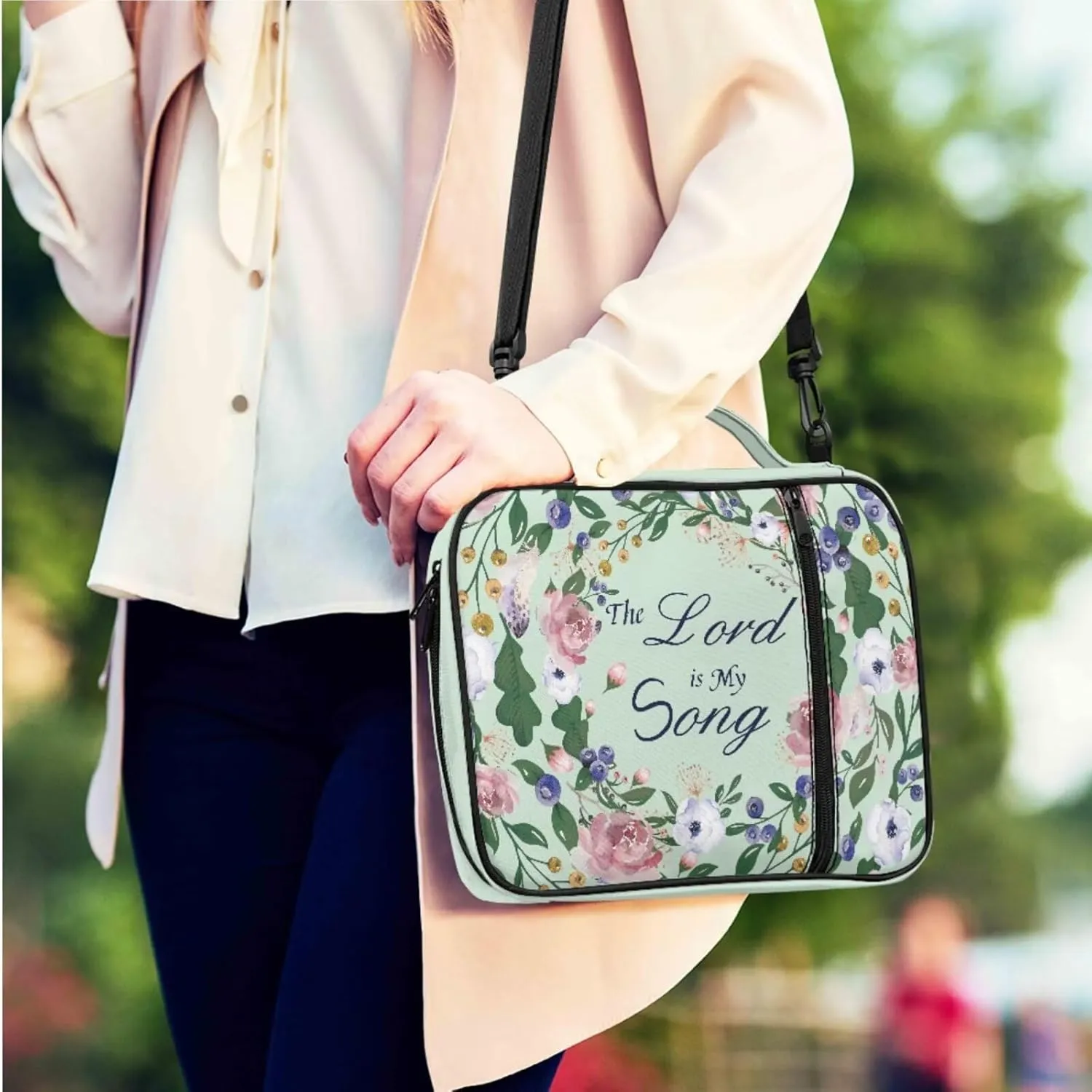 Green Floral Print Bible Cover Case for Women Large Size Casual Lightweight Bible Carring Case with Keychain Zipper Pocket for Worship Travel Use Fits Standard Size Bible 9.6"x7.5"x2.5