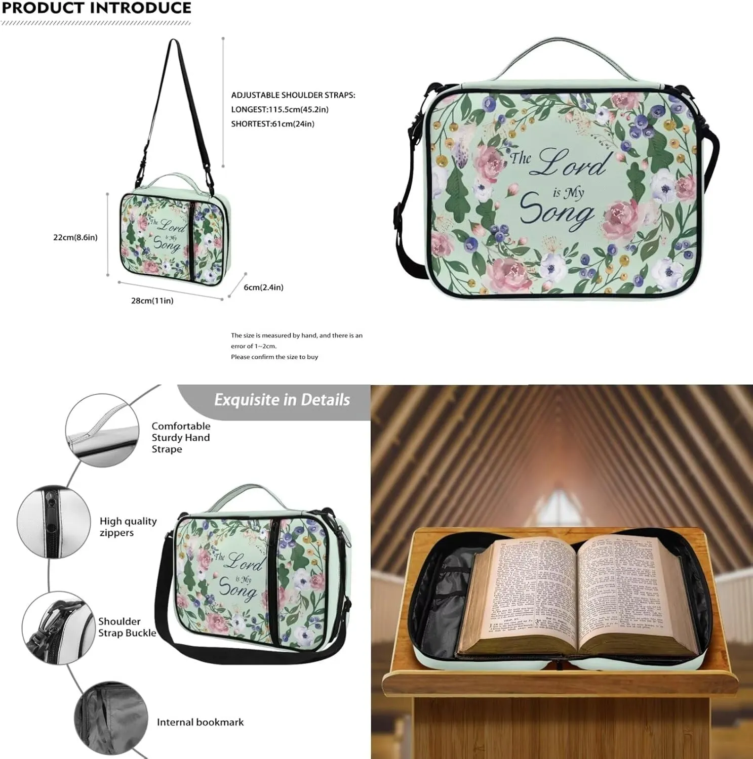 Green Floral Print Bible Cover Case for Women Large Size Casual Lightweight Bible Carring Case with Keychain Zipper Pocket for Worship Travel Use Fits Standard Size Bible 9.6"x7.5"x2.5