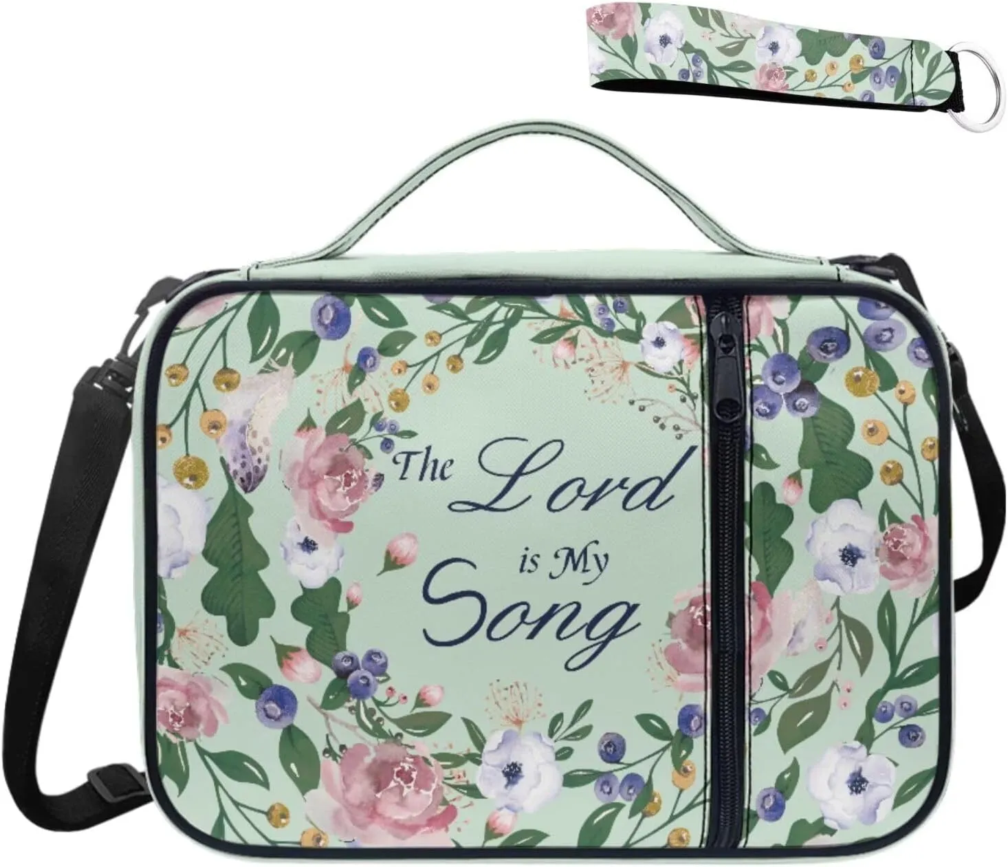 Green Floral Print Bible Cover Case for Women Large Size Casual Lightweight Bible Carring Case with Keychain Zipper Pocket for Worship Travel Use Fits Standard Size Bible 9.6"x7.5"x2.5