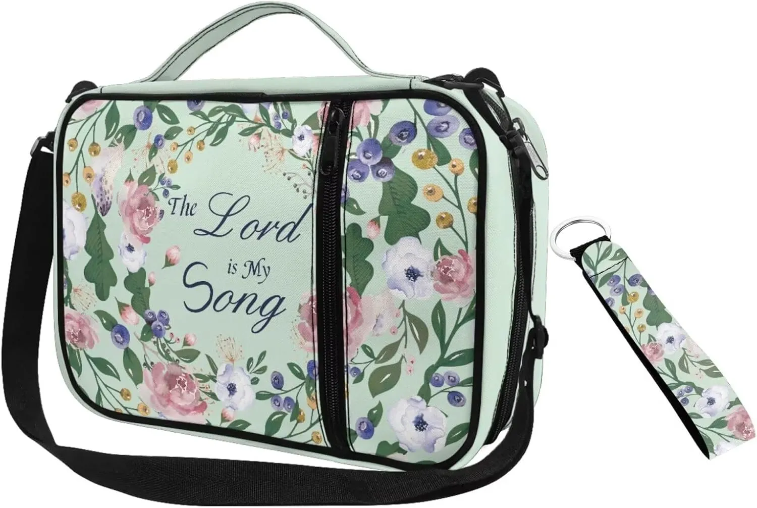 Green Floral Print Bible Cover Case for Women Large Size Casual Lightweight Bible Carring Case with Keychain Zipper Pocket for Worship Travel Use Fits Standard Size Bible 9.6"x7.5"x2.5