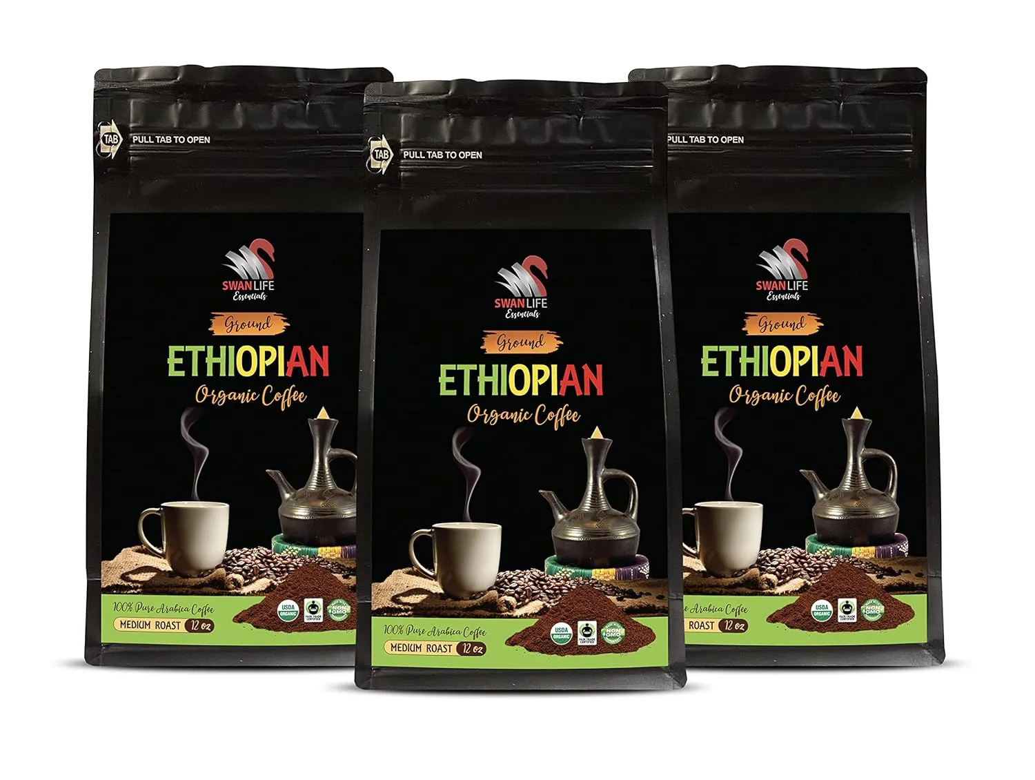 ground coffee espresso - ETHIOPIAN GROUND ORGANIC COFFEE, fair trade, 100% pure arabica, medium roast, high acidity - ground coffee ethiopia, 3 Bags (36 Oz)