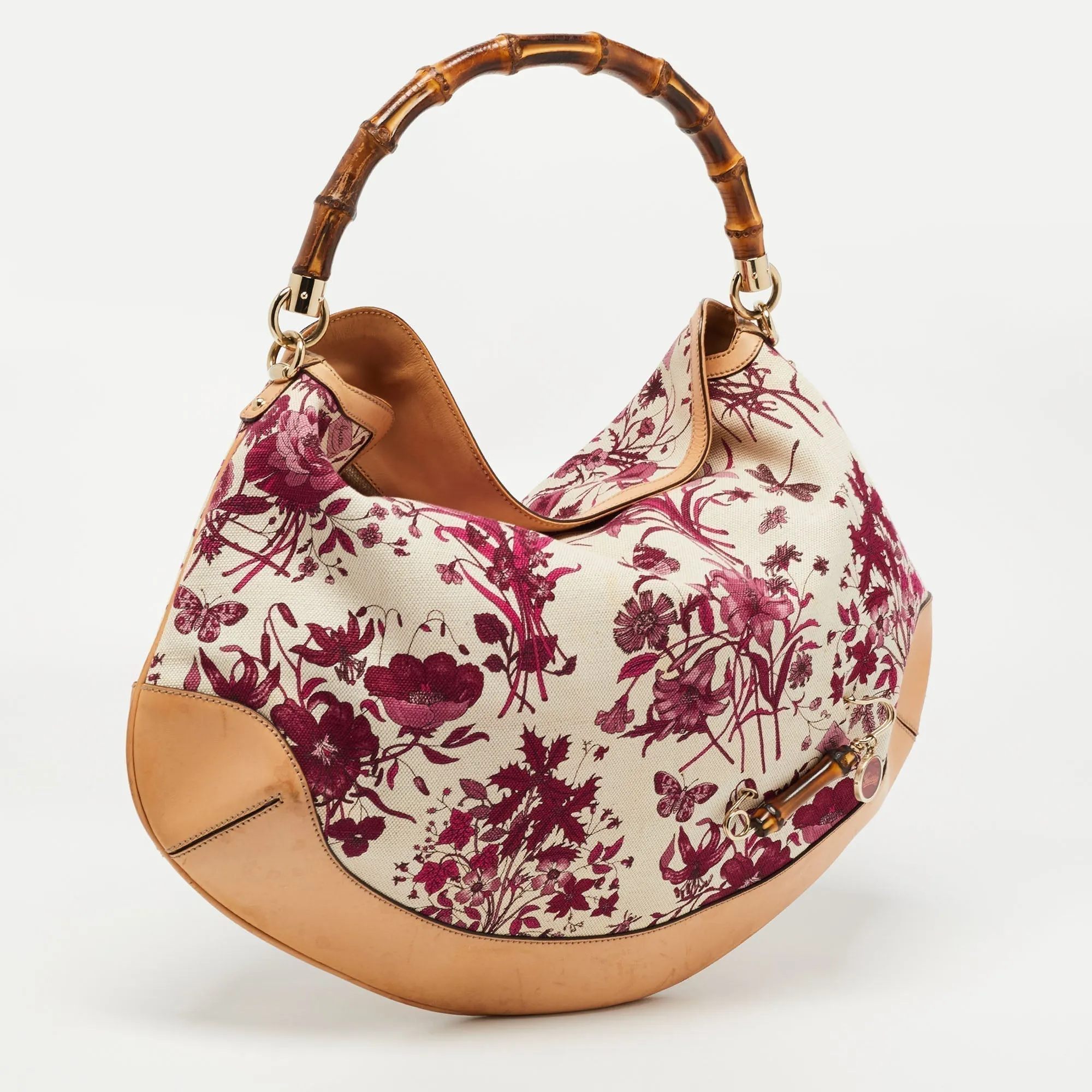 Gucci Magenta/Natural Canvas and Leather Floral Peggy Bamboo Hobo