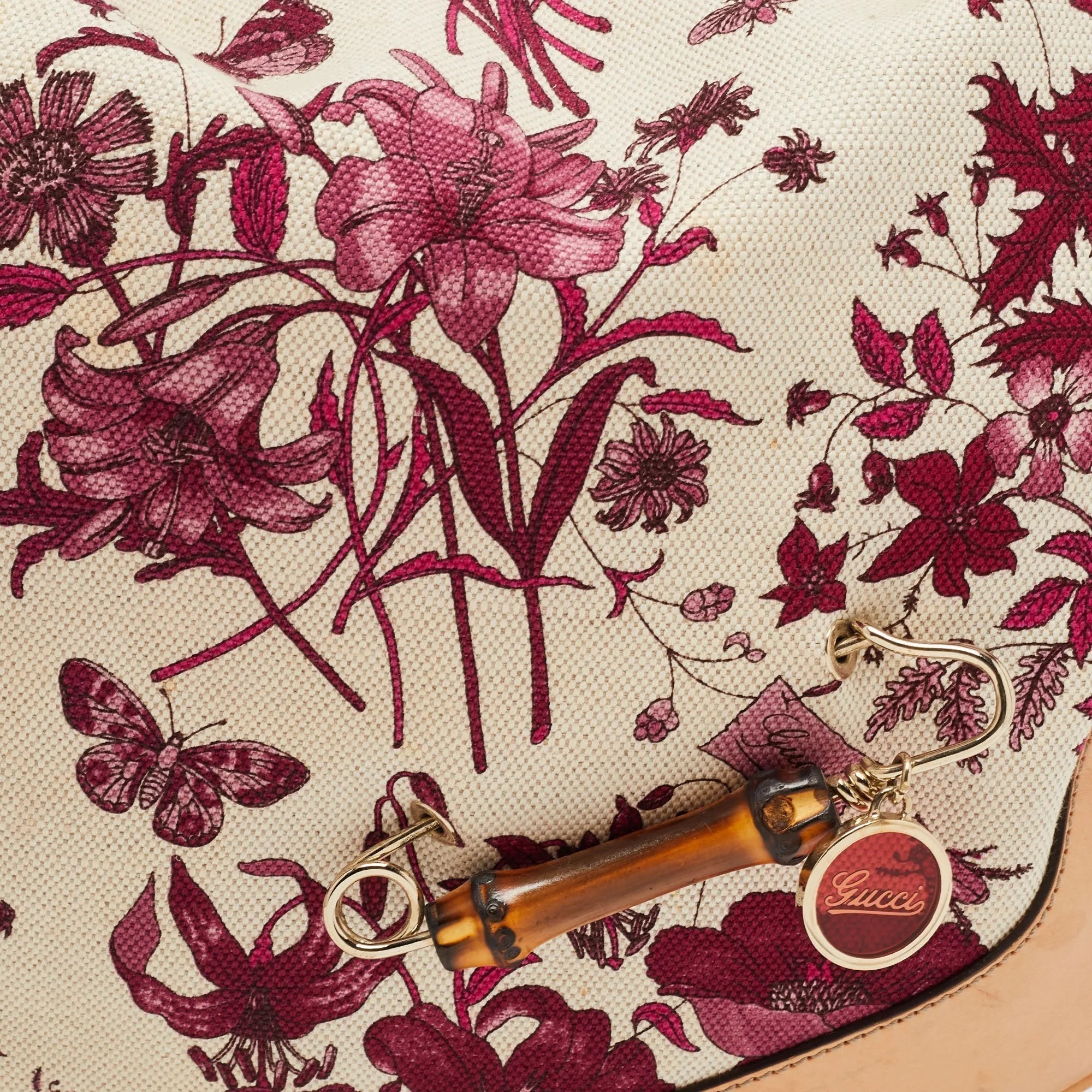 Gucci Magenta/Natural Canvas and Leather Floral Peggy Bamboo Hobo