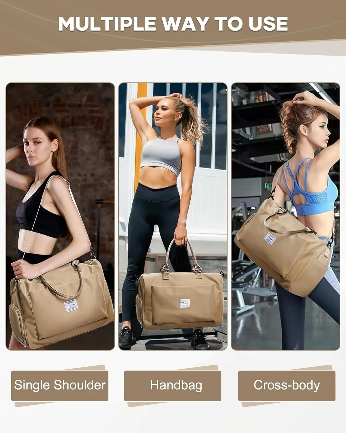 Gym Bag for Women Men Duffle Bags for Travel with Shoe Compartment Shoulder Weekender Overnight Carry on Tote Bags for Airplane Beach Bag Workout Yoga Sport Swimming Khaki