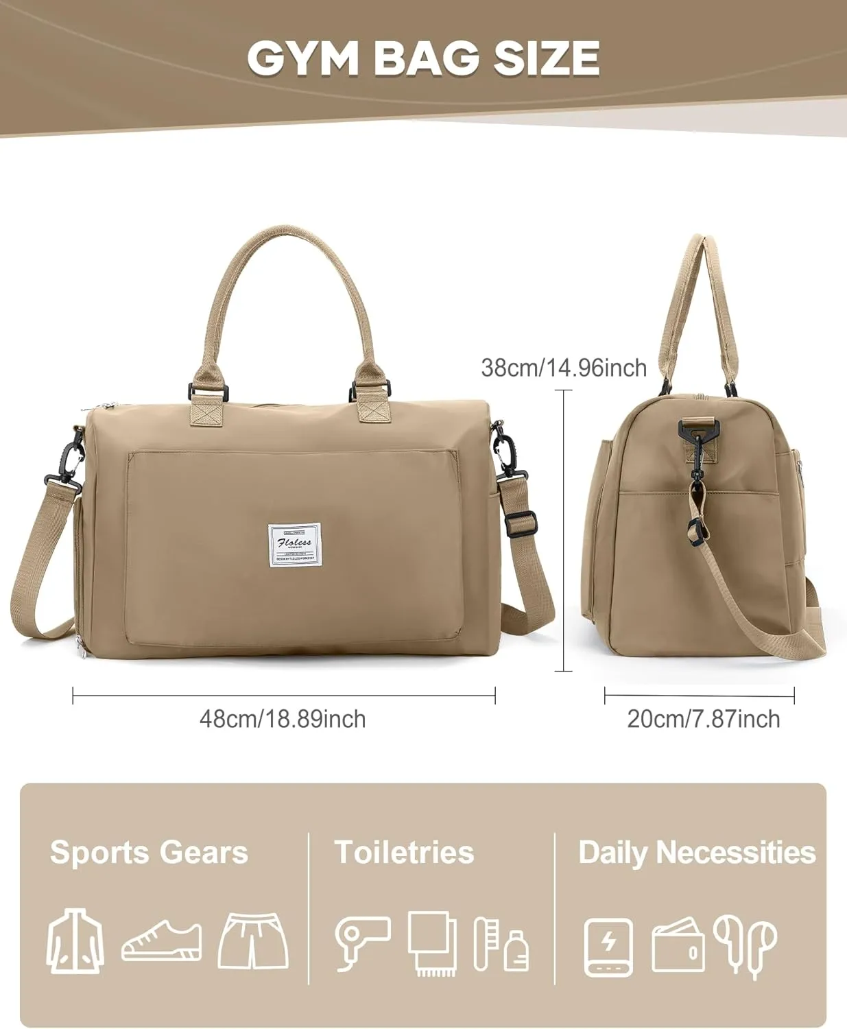 Gym Bag for Women Men Duffle Bags for Travel with Shoe Compartment Shoulder Weekender Overnight Carry on Tote Bags for Airplane Beach Bag Workout Yoga Sport Swimming Khaki