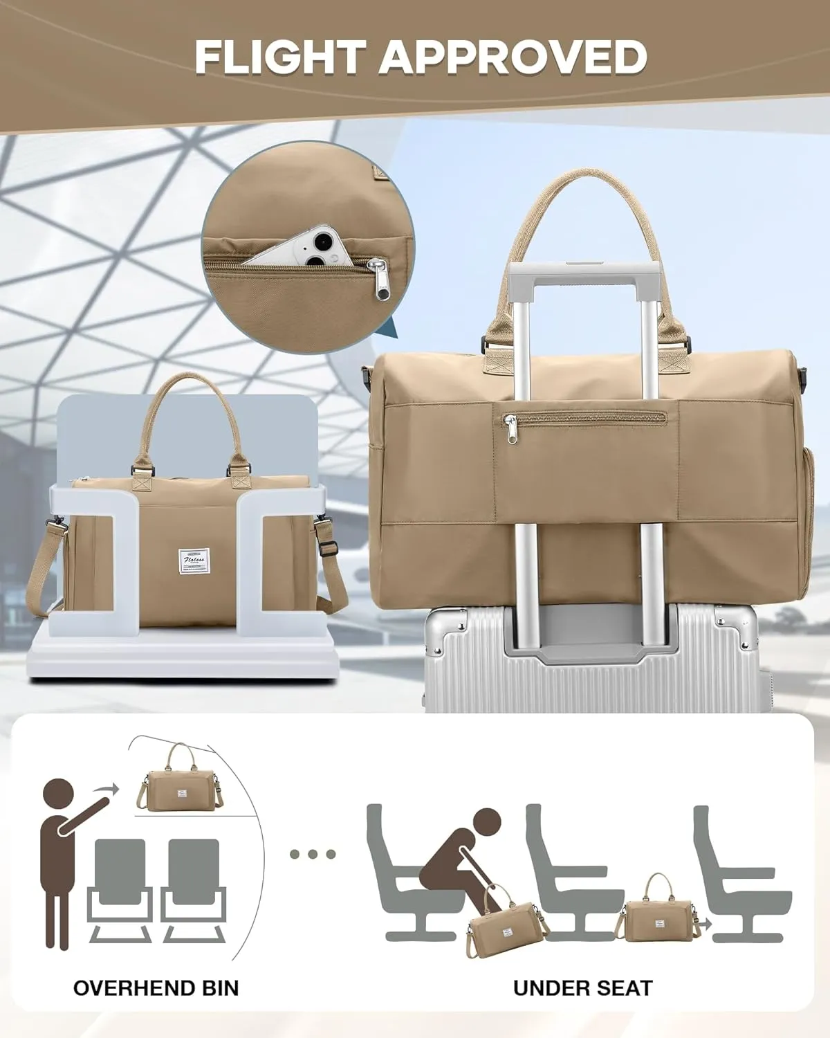 Gym Bag for Women Men Duffle Bags for Travel with Shoe Compartment Shoulder Weekender Overnight Carry on Tote Bags for Airplane Beach Bag Workout Yoga Sport Swimming Khaki