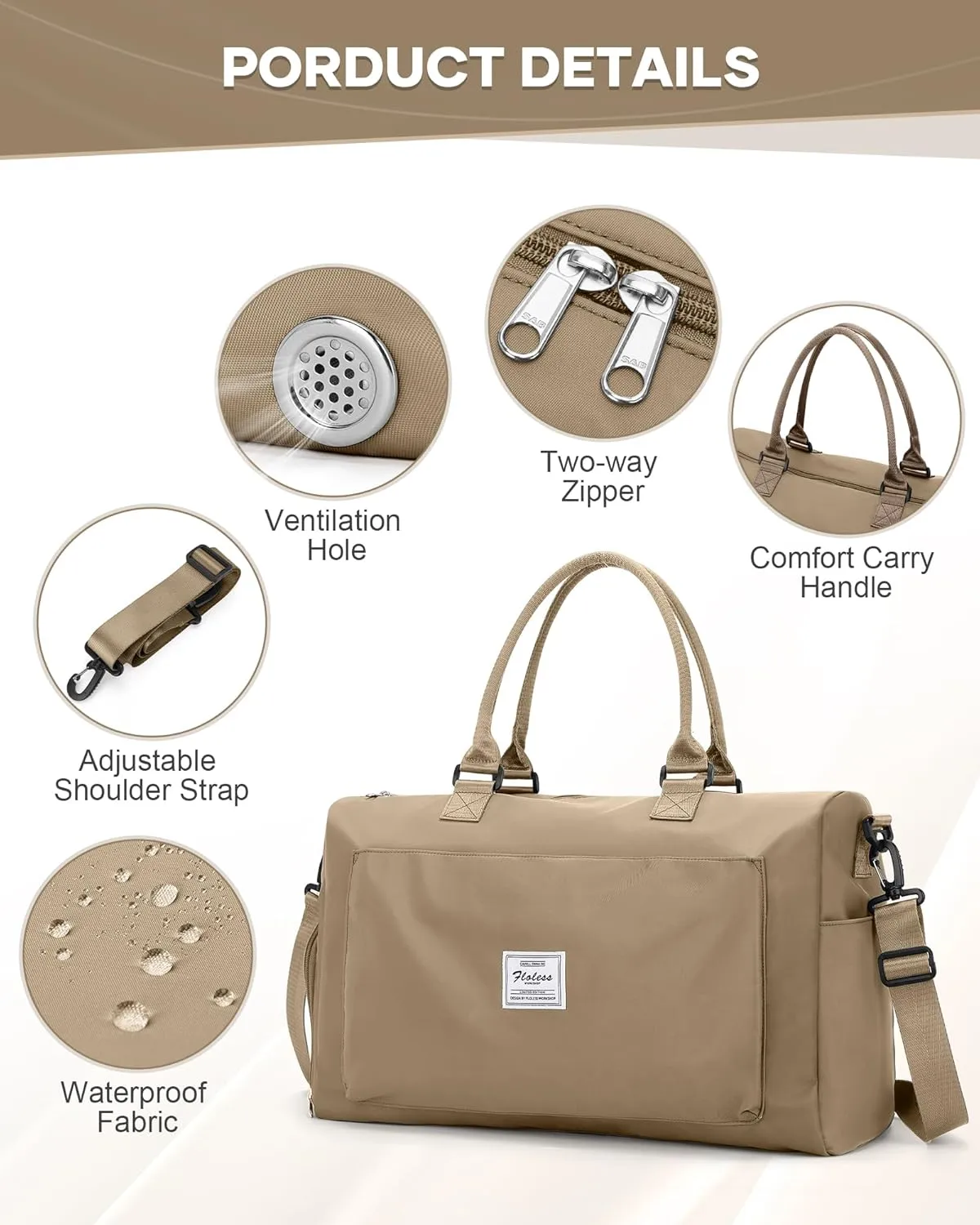 Gym Bag for Women Men Duffle Bags for Travel with Shoe Compartment Shoulder Weekender Overnight Carry on Tote Bags for Airplane Beach Bag Workout Yoga Sport Swimming Khaki