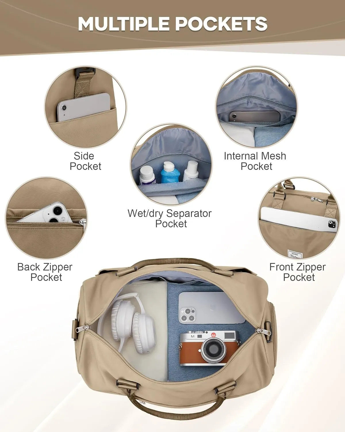 Gym Bag for Women Men Duffle Bags for Travel with Shoe Compartment Shoulder Weekender Overnight Carry on Tote Bags for Airplane Beach Bag Workout Yoga Sport Swimming Khaki