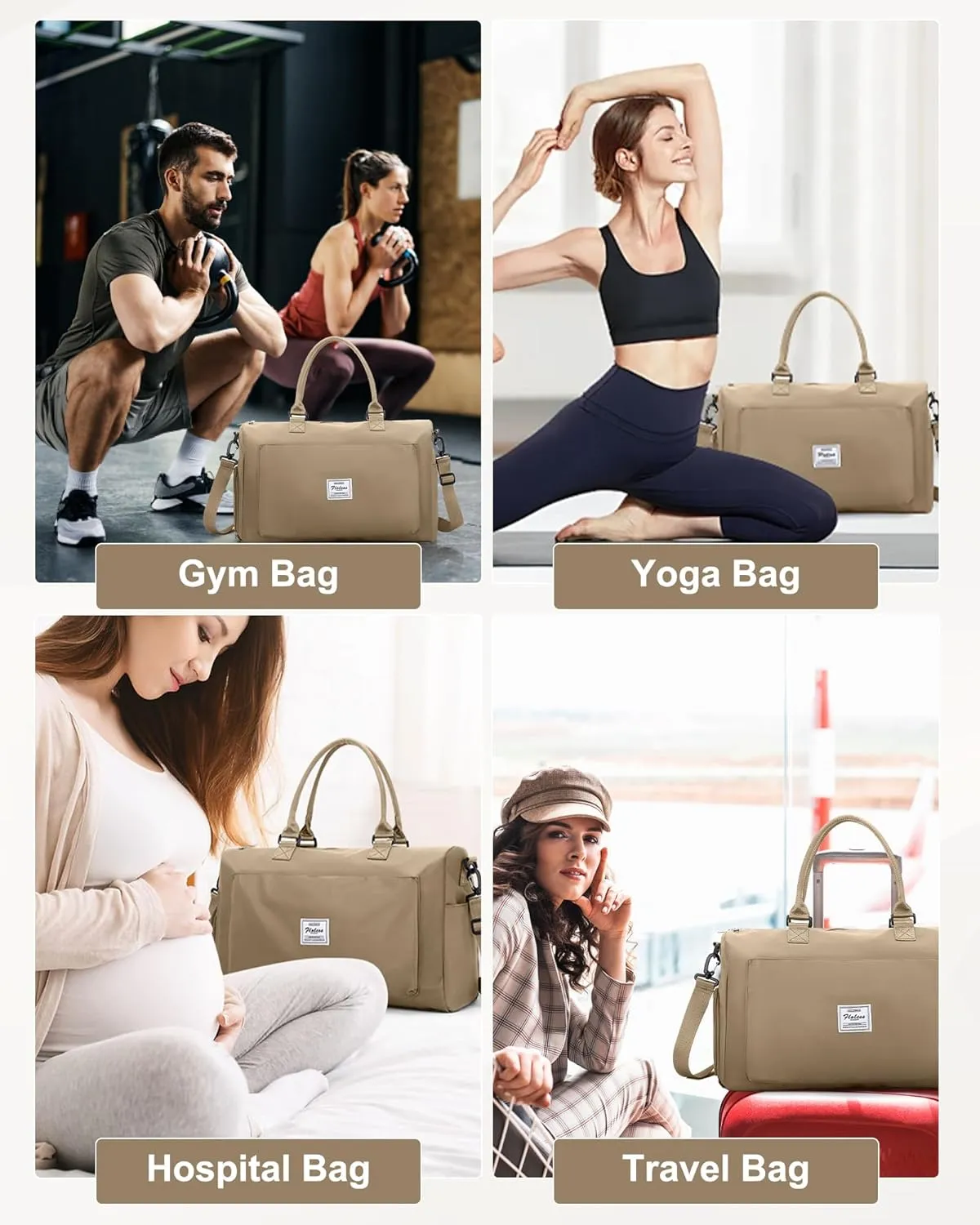 Gym Bag for Women Men Duffle Bags for Travel with Shoe Compartment Shoulder Weekender Overnight Carry on Tote Bags for Airplane Beach Bag Workout Yoga Sport Swimming Khaki