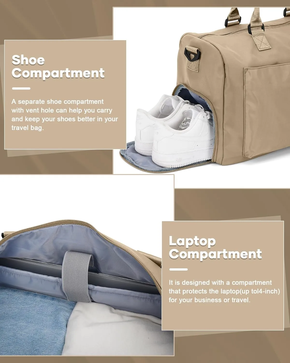 Gym Bag for Women Men Duffle Bags for Travel with Shoe Compartment Shoulder Weekender Overnight Carry on Tote Bags for Airplane Beach Bag Workout Yoga Sport Swimming Khaki