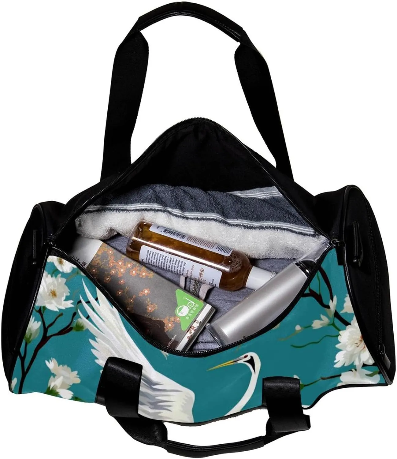 Gym Bags for Women,Duffle Bag for Travel,Crane Floral Green Background,Gym Bag for Men