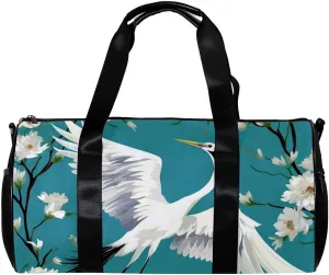 Gym Bags for Women,Duffle Bag for Travel,Crane Floral Green Background,Gym Bag for Men
