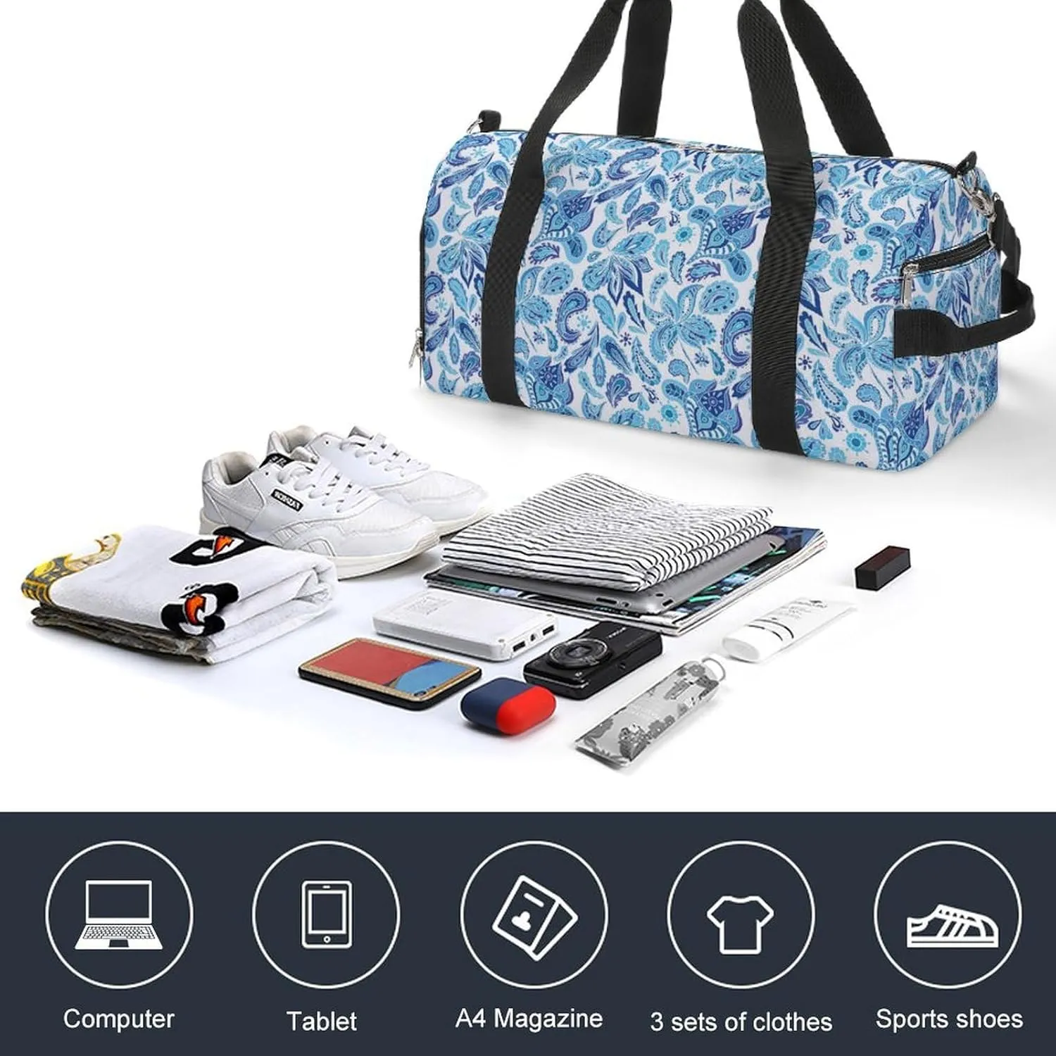 Gym Duffel Bag with Shoe Compartment Wet Pocket, Paisley Indian Floral Travel Bag for Men Women