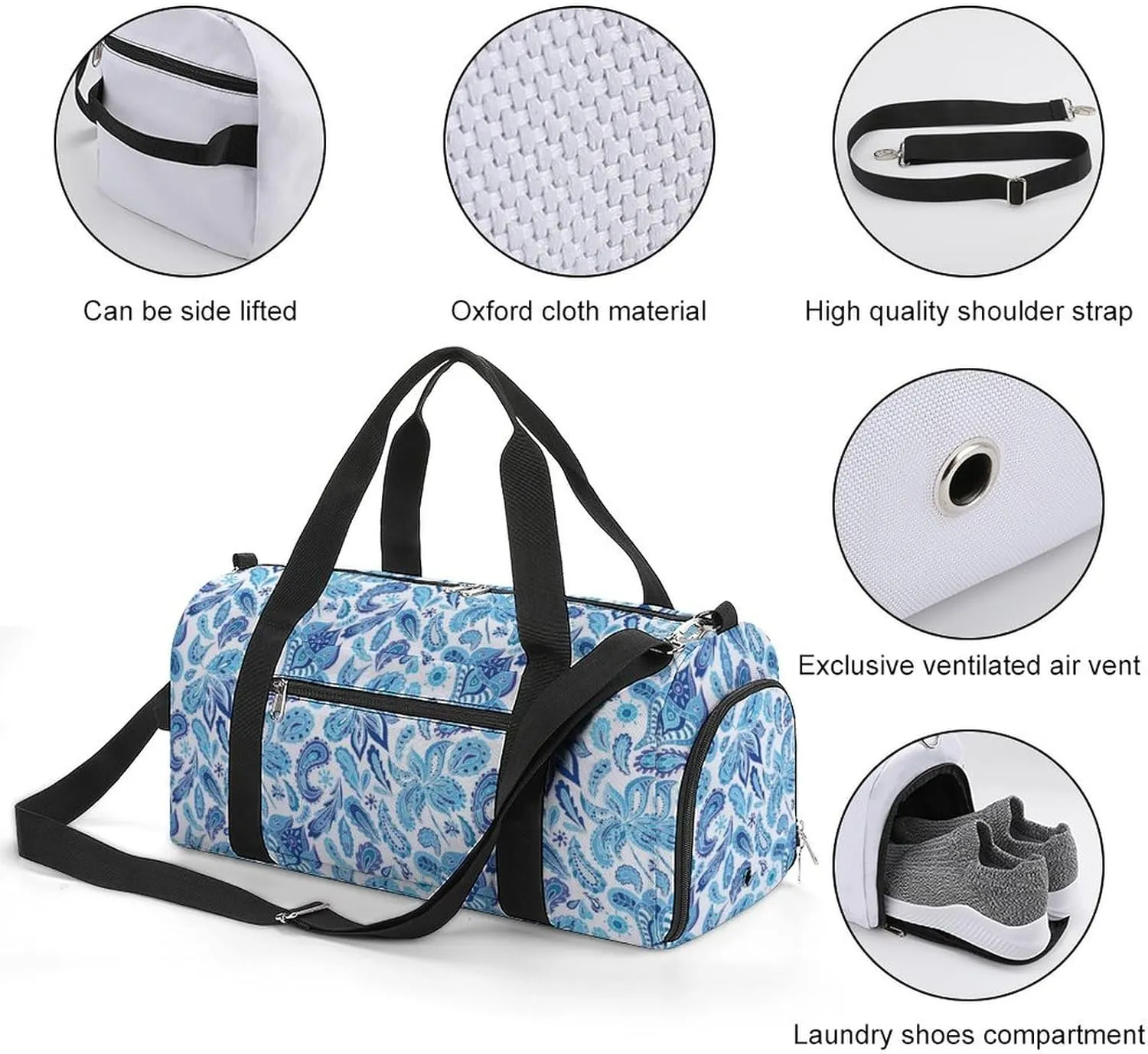 Gym Duffel Bag with Shoe Compartment Wet Pocket, Paisley Indian Floral Travel Bag for Men Women