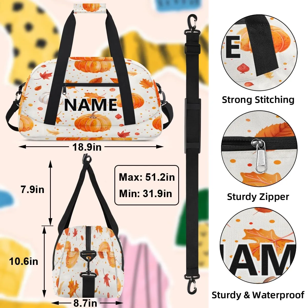 Halloween Mini Gym Bag 18 inch for Women Men Waterproof Custom Pumpkins Travel Duffel Bag Carry On Overnight Tote Nurse Bag for Work Fitness Hiking