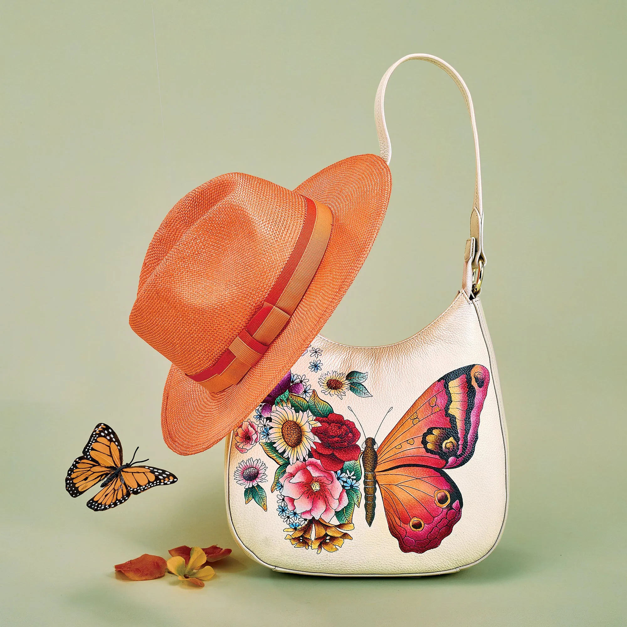 Hand-Painted Blooming Butterfly Hobo Bag