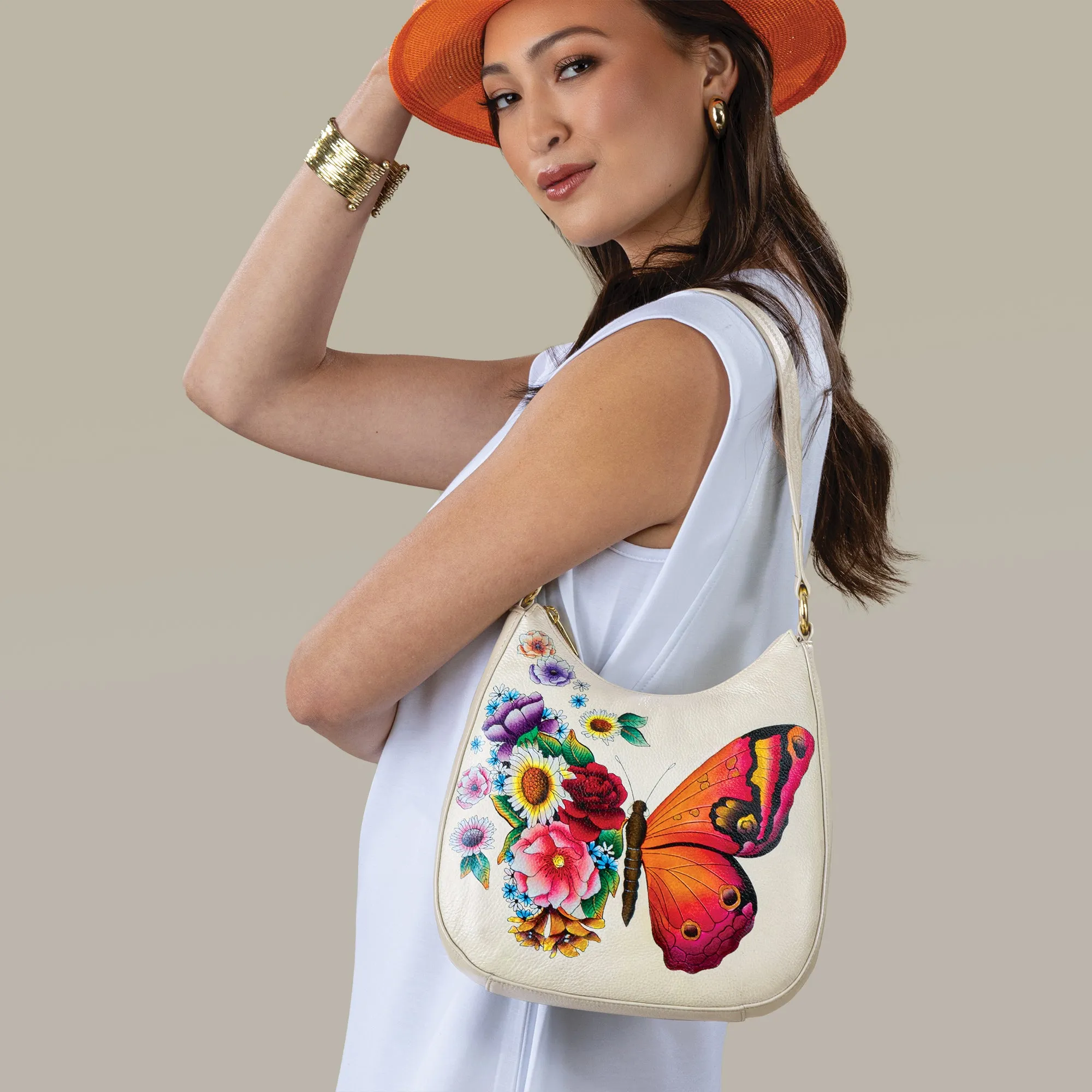 Hand-Painted Blooming Butterfly Hobo Bag