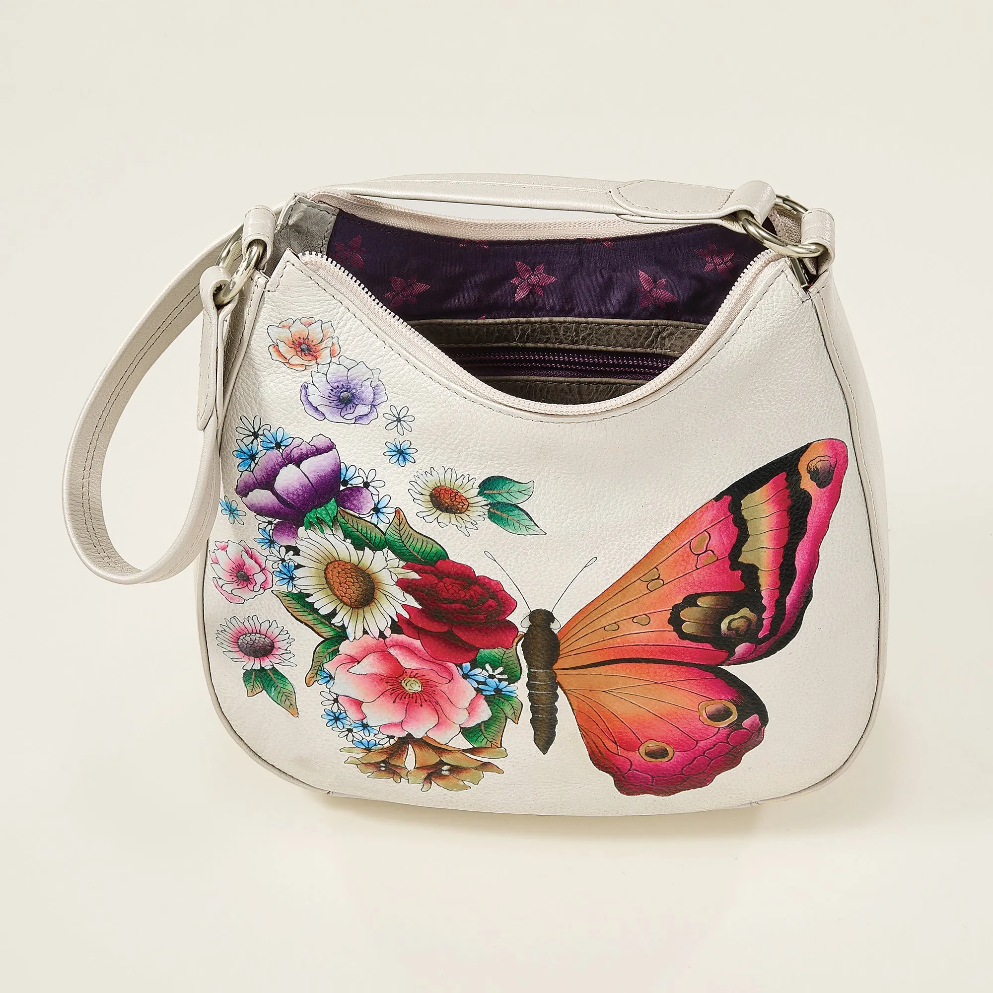 Hand-Painted Blooming Butterfly Hobo Bag