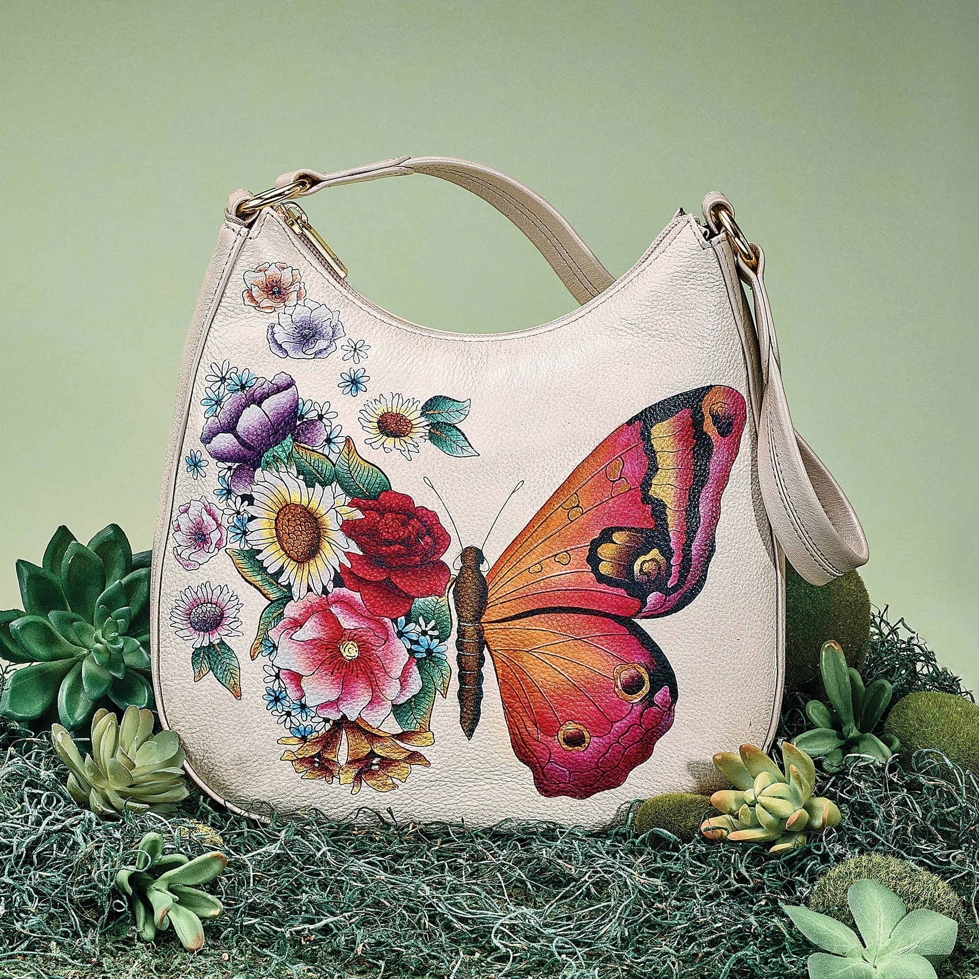 Hand-Painted Blooming Butterfly Hobo Bag