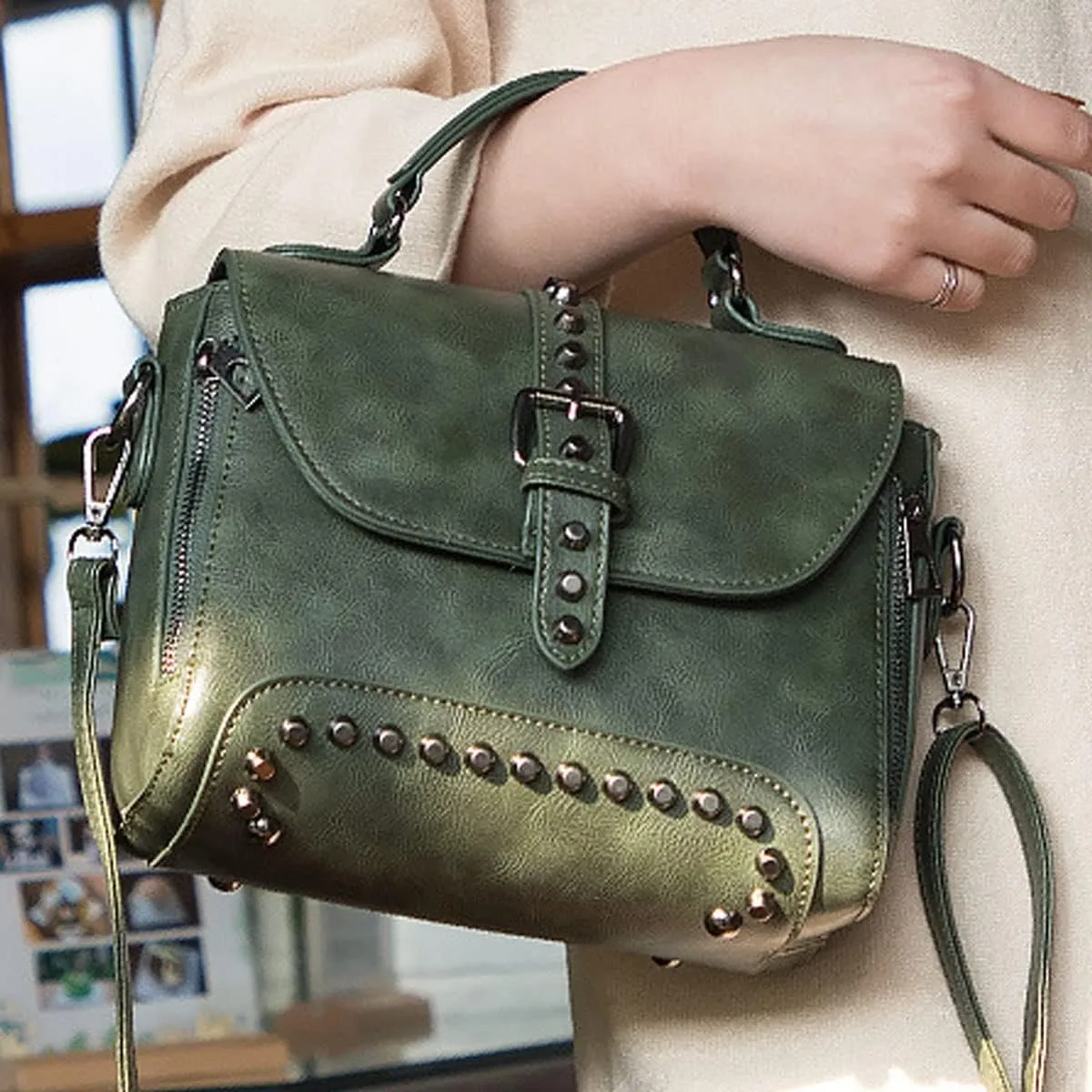 Handbag and Purse for Women PU Leather Crossbody Bag Rivets Satchel Fashion Shoulder Bag Top-Handle Tote