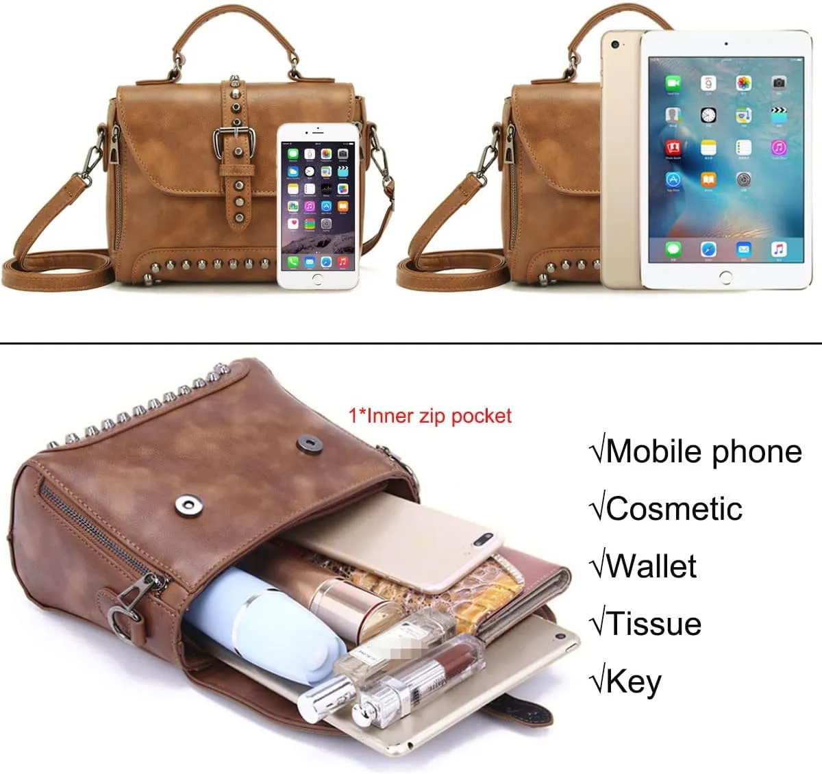 Handbag and Purse for Women PU Leather Crossbody Bag Rivets Satchel Fashion Shoulder Bag Top-Handle Tote
