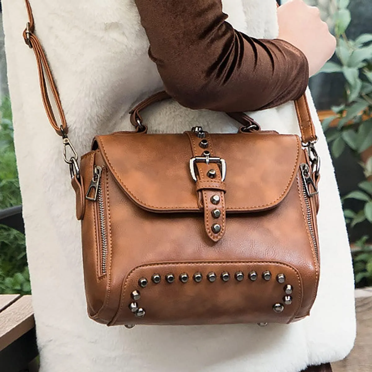 Handbag and Purse for Women PU Leather Crossbody Bag Rivets Satchel Fashion Shoulder Bag Top-Handle Tote