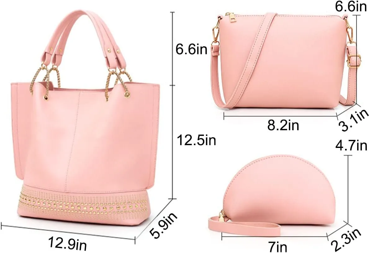 Handbags for Women Fashion Tote Bags Rivet Shoulder Bag Top Handle Satchel Purse Set 3pcs