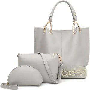 Handbags for Women Fashion Tote Bags Rivet Shoulder Bag Top Handle Satchel Purse Set 3pcs