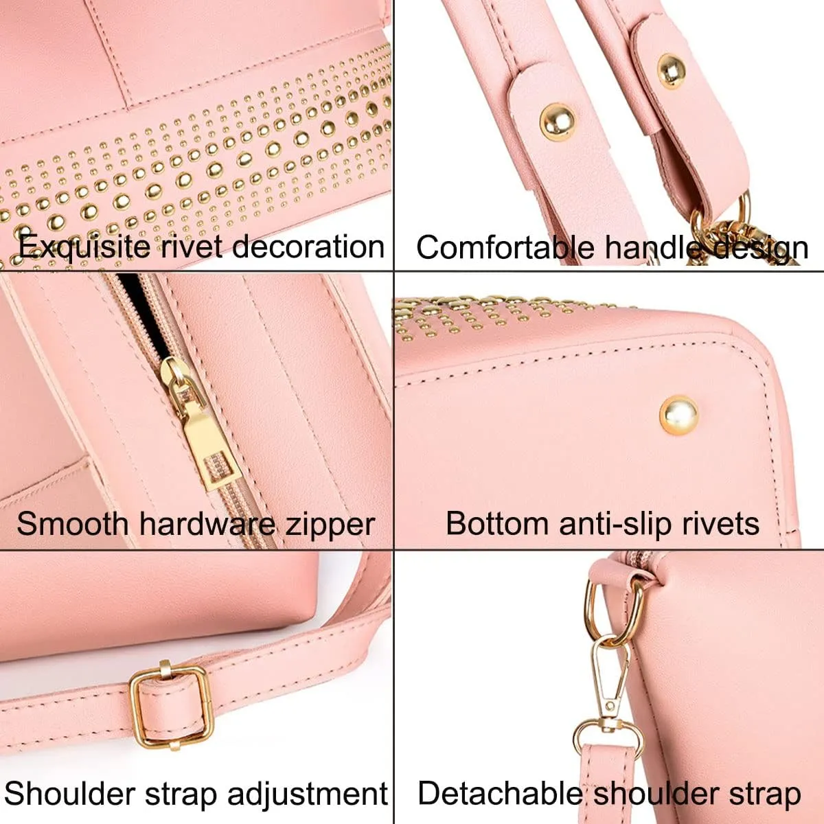 Handbags for Women Fashion Tote Bags Rivet Shoulder Bag Top Handle Satchel Purse Set 3pcs