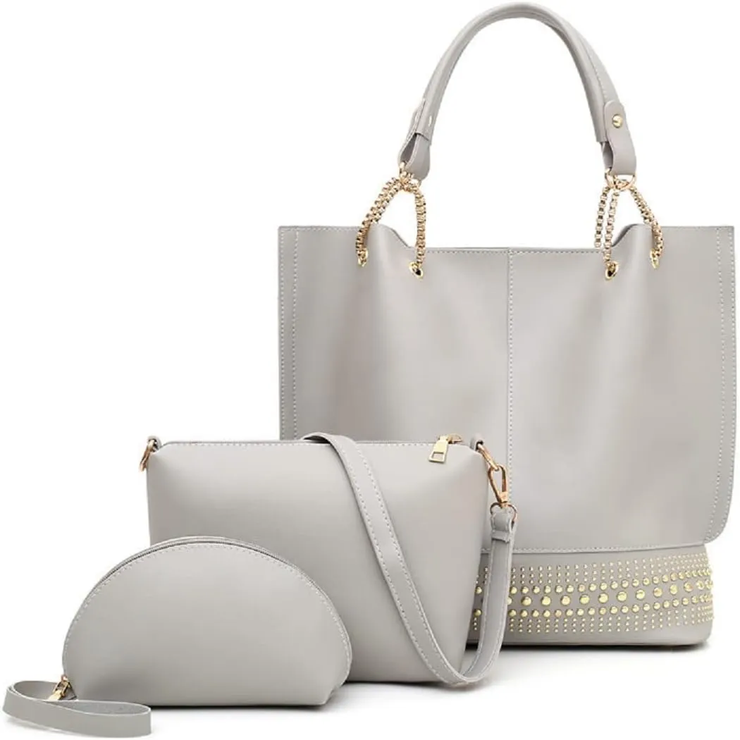 Handbags for Women Fashion Tote Bags Rivet Shoulder Bag Top Handle Satchel Purse Set 3pcs