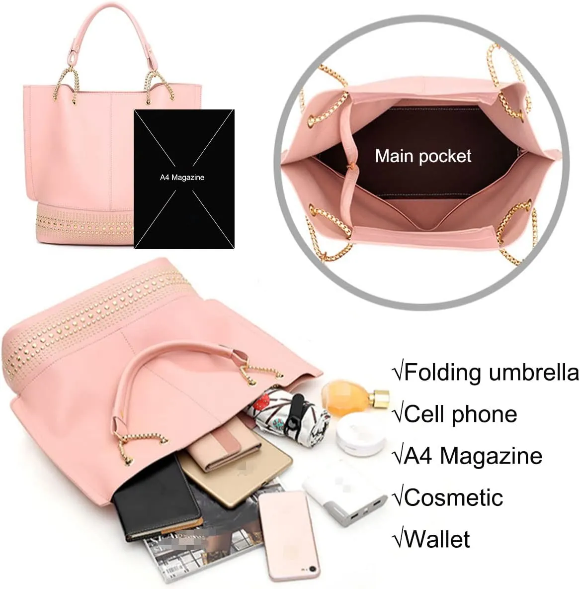 Handbags for Women Fashion Tote Bags Rivet Shoulder Bag Top Handle Satchel Purse Set 3pcs