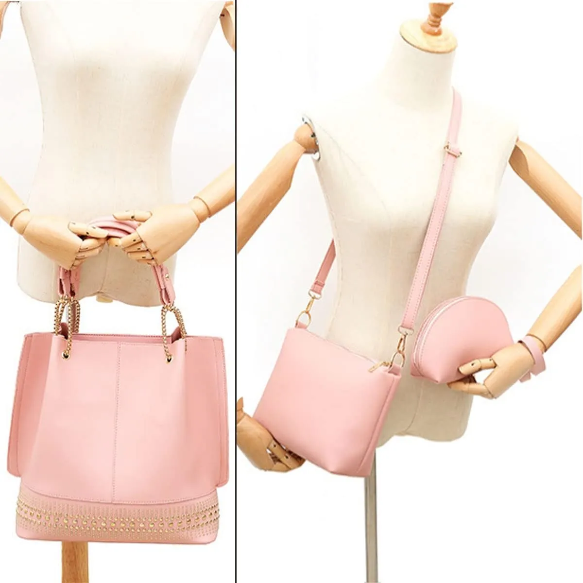 Handbags for Women Fashion Tote Bags Rivet Shoulder Bag Top Handle Satchel Purse Set 3pcs