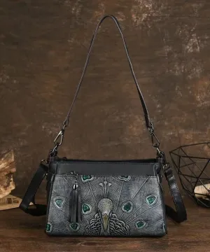 Handmade Black Animal Embossed Calf Leather Satchel Handbag