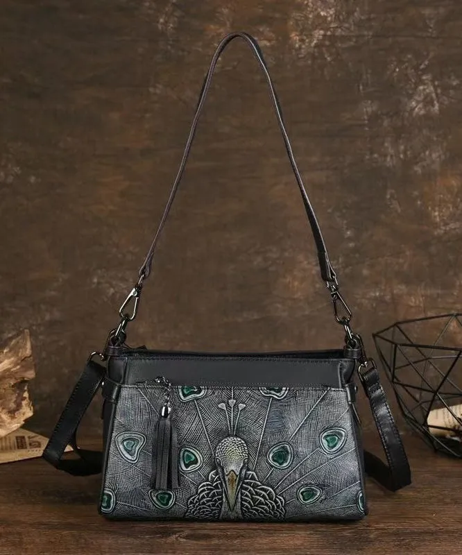 Handmade Black Animal Embossed Calf Leather Satchel Handbag