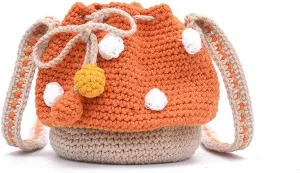 Handmade Knitted Purse Wool Knitted Mushroom Shoulder Bag for Women Crossbody Bucket Bag with Drawstring