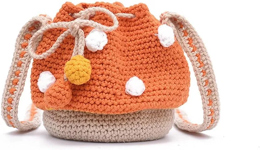 Handmade Knitted Purse Wool Knitted Mushroom Shoulder Bag for Women Crossbody Bucket Bag with Drawstring