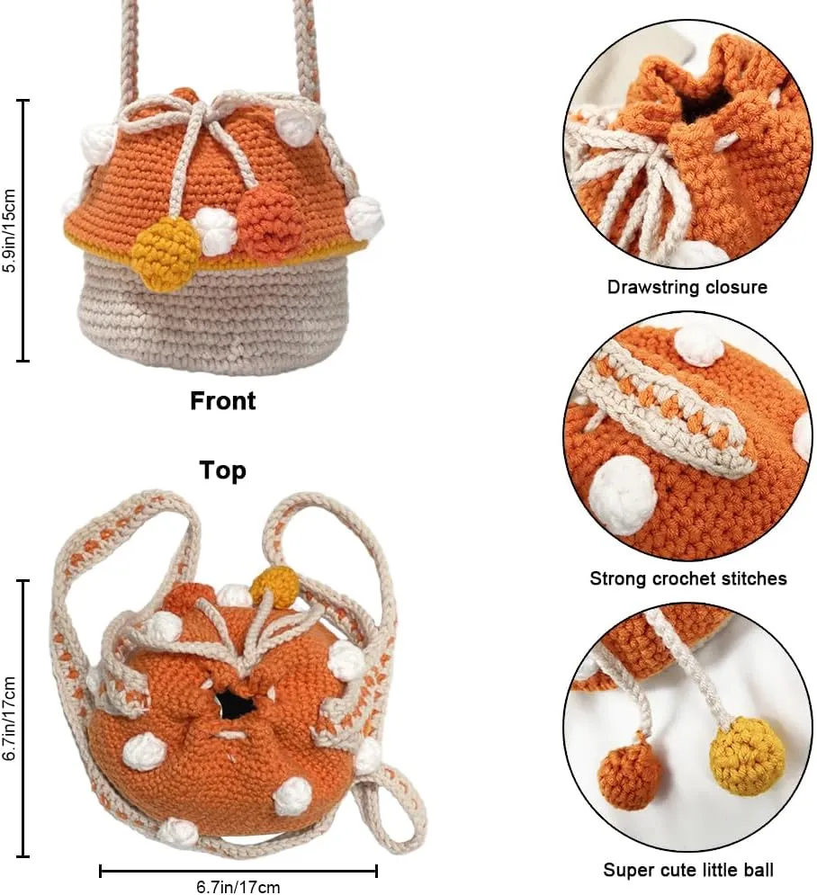 Handmade Knitted Purse Wool Knitted Mushroom Shoulder Bag for Women Crossbody Bucket Bag with Drawstring