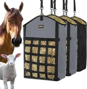 Hay Bags for Horses,3 Packs Slow Feed Hay Bags for Goats,Sheep,Donkey,Premium Oxford Hay Feed Bags with Front Hay Nets Design, Easy to Fill and Hang with Large Opening (1 Black 2Grey)