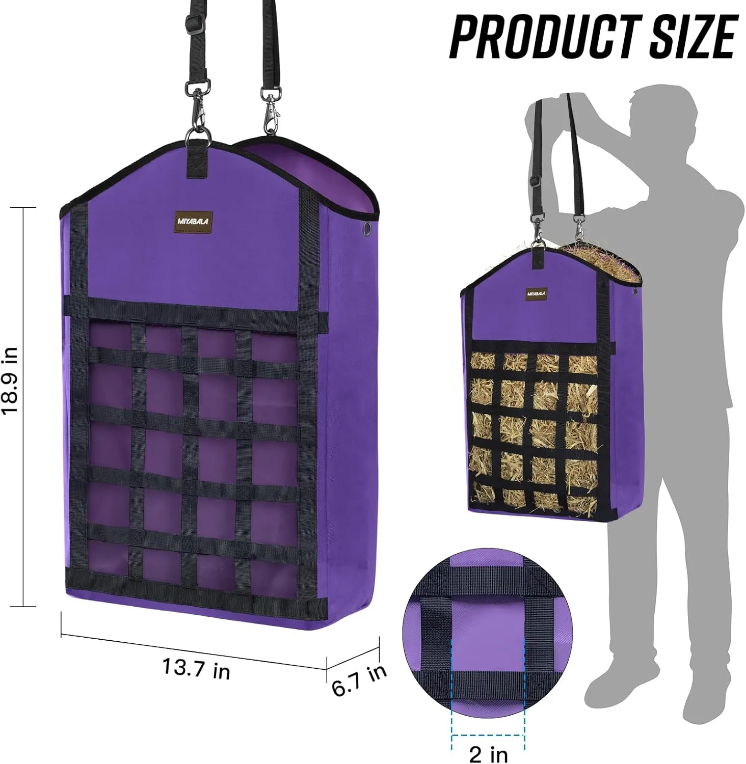 Hay Bags for Horses,3 Packs Slow Feed Hay Bags for Goats,Sheep,Donkey,Premium Oxford Hay Feed Bags with Front Hay Nets Design, Easy to Fill and Hang with Large Opening (2Purple   1Black)