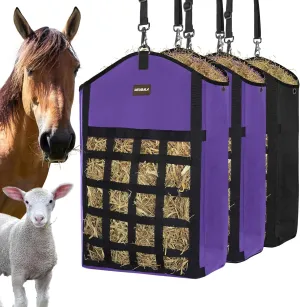 Hay Bags for Horses,3 Packs Slow Feed Hay Bags for Goats,Sheep,Donkey,Premium Oxford Hay Feed Bags with Front Hay Nets Design, Easy to Fill and Hang with Large Opening (2Purple   1Black)