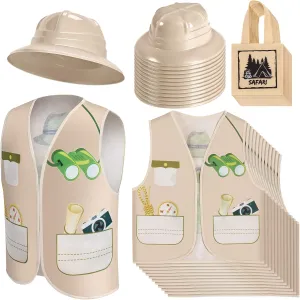 Haysandy 36 Pcs Explorer Costume Set Include Plastic Explorer Hats Jungle Party Vest Safari Tote Bag for Kids Outdoor Activity Jungle Costume Party Supplies Favors Halloween Birthday