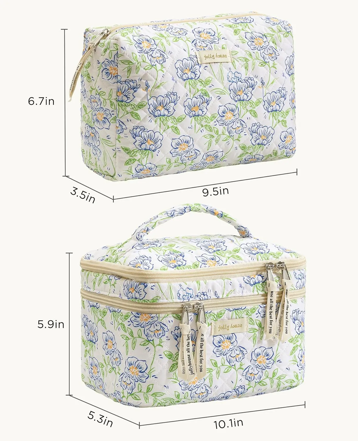 HBselect 2Pcs Travel Makeup Bag, Large Cotton Quilted Makeup Bag Cosmetic Bag Cute Make up Bag Toiletry Bags for Women Girls